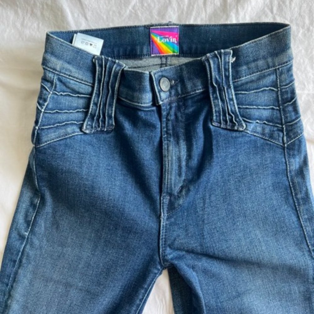Mother Lovin Bell Bottom Jeans - Rainbow Stitching Accents - Size 25